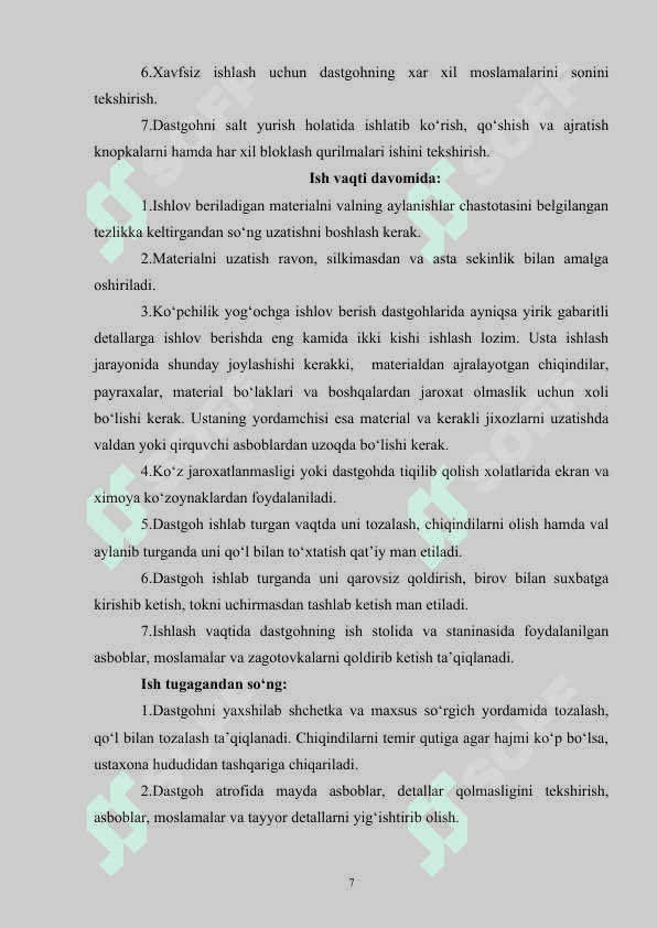 Yog’ochga ishlov berish ustaxonasining jihozlanishi va ish o‘rinlarining tashkil etilishi 7