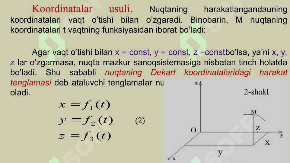 Harakati koordinata usulida berilganda nuqtaning tezlik va tezlanishlarini aniqlash. Nuqtaning berilgan harakat qonuniga asosan nuqtaga ta’sir etuvchi kuchni aniqlashga doir masalalar yechish. 6