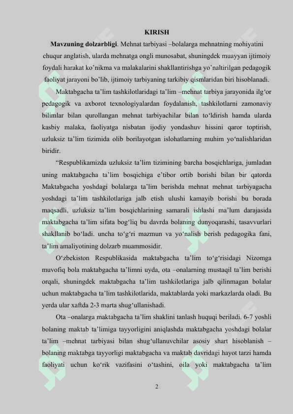 ILK QADAM DASTURI ASOSIDA FAOLIYAT MARKAZLARIDA MAKTABGACHA YOSHDAGI BOLALAR MEHNATINI TASHKIL QILISH. 2