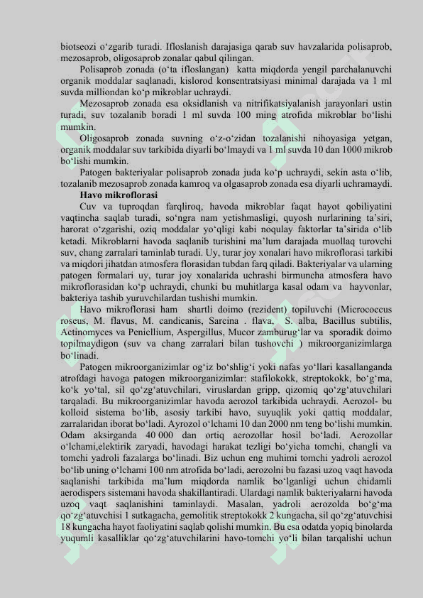 Atrof muhitda mikroblarning tarqalishi. Suv, havo, tuproq mikroflorasi. Sanitar mikrobiologiyasi. 4