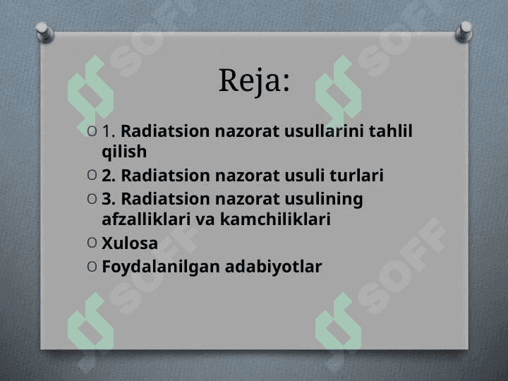 Maxsulot sifatini nazorat qilishning radiatsion usuli. Radiatsion nazorat usullarini taxlil qilish. Radiatsion nazorat usuli turlarini o`rganish 2