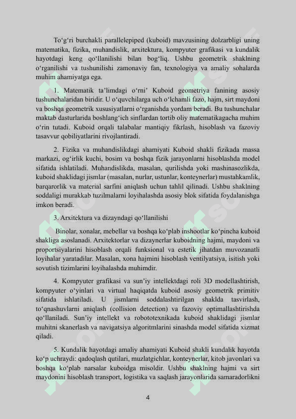 MAVZU: TOʻGʻRI BURCHAKLI PARALLELEPIPED (KUBOID). Kurs ishi 4