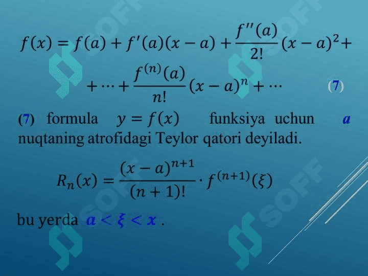 Funktsiyalarni darajali qatorga yoyish masalasi. Teylor qatori. Darajali qatorlarning taqribiy hisobga tatbiqi 6