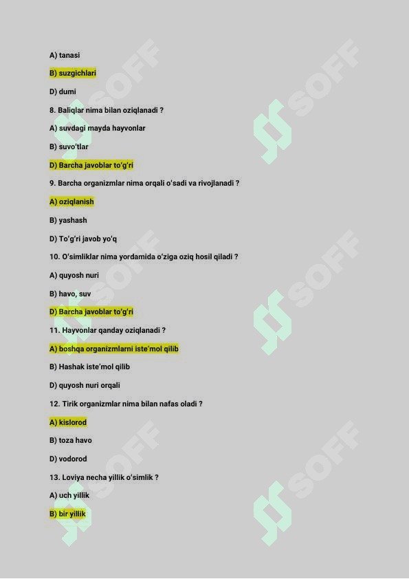 2 - sinf uchun „Tabiiy fanlar” fanidan Test savollari javoblari bilan N_25 ta 2