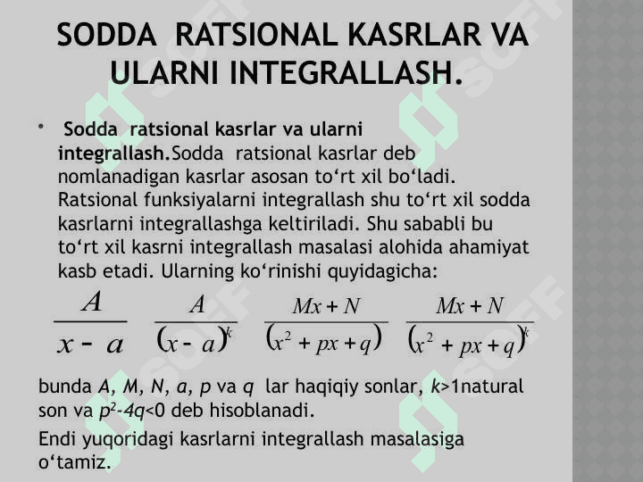 Rаtsionаl funktsiyalаrni integrаllаsh. Soddа irrаtsionаl vа trаnstsendent funktsiyalаrni integrаllаsh 5