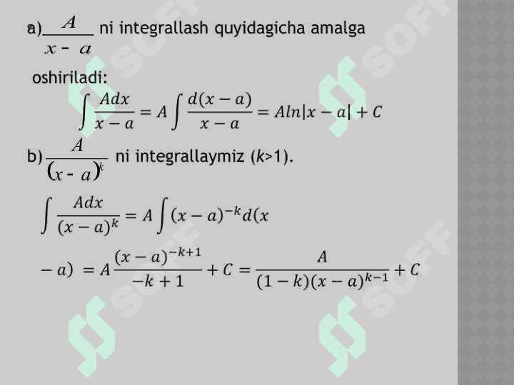 Rаtsionаl funktsiyalаrni integrаllаsh. Soddа irrаtsionаl vа trаnstsendent funktsiyalаrni integrаllаsh 6