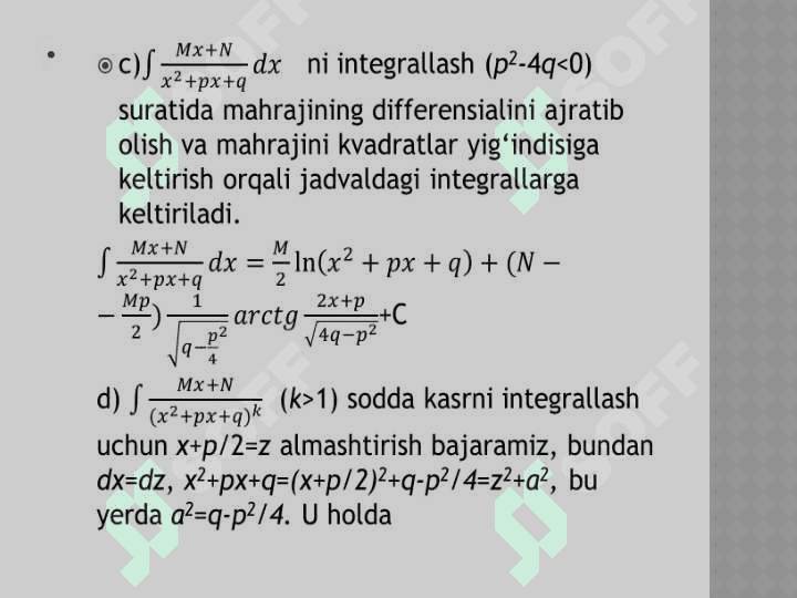 Rаtsionаl funktsiyalаrni integrаllаsh. Soddа irrаtsionаl vа trаnstsendent funktsiyalаrni integrаllаsh 7