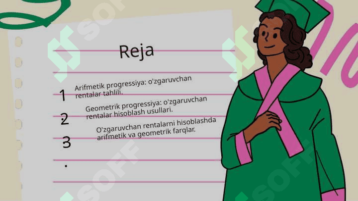 Arifmetik progressiya boʻyicha oʻzgaruvchan rentalarni hisoblash.Geometrik progressiya boʻyicha oʻzgaruvchan rentalar.pptx 2