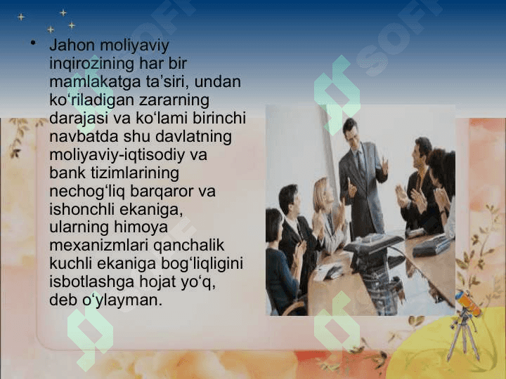 MOLIYAVIY INQIROZ, UNING SABABLARI NAMOYON BO`LISH SHAKLLARI VA MILLIY IQTISODIYOTNI MOLIYAVIY SOG`LOMLASHTIRISH YO`LLARI 4