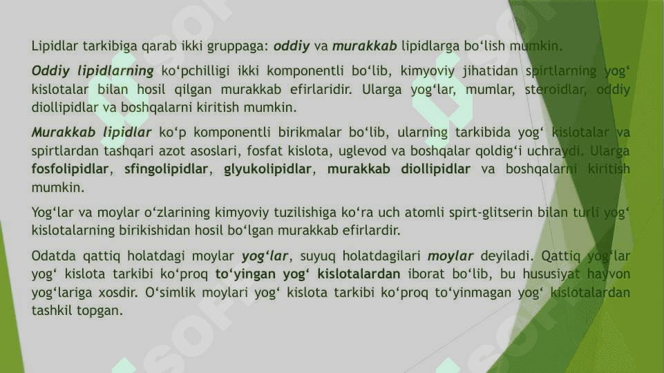 Lipidlar. lipidlarning umumiy hususiyatlari va tasnifi. Oddiy va murakkab lipidlar 4