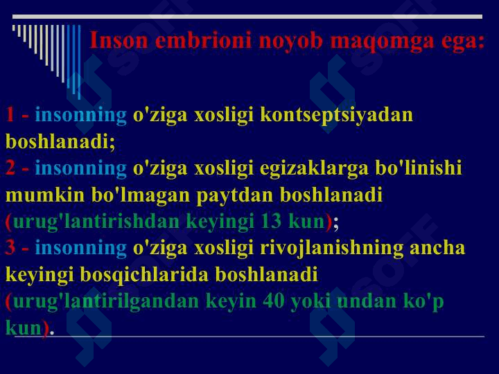 Yangi reproduktiv texnologiyalarning axloqiy muammolari. Hayot oliy qadriyat sifatida. Inson hayotining boshlanish vaqtini aniqlash muammosi. Embrionning ahloqiy statusi. Homiladorlikni to‘xtatishning etik-huquqiy jihatlari. Yangi reproduktiv texnologiyalarni qo‘llash va prenatal diagnostikaning etik jixatlari. Ekstrakorporal urug‘lantirish va surrogat onalik masalalari. 4