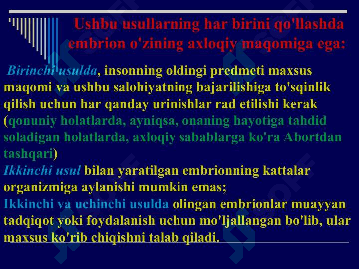 Yangi reproduktiv texnologiyalarning axloqiy muammolari. Hayot oliy qadriyat sifatida. Inson hayotining boshlanish vaqtini aniqlash muammosi. Embrionning ahloqiy statusi. Homiladorlikni to‘xtatishning etik-huquqiy jihatlari. Yangi reproduktiv texnologiyalarni qo‘llash va prenatal diagnostikaning etik jixatlari. Ekstrakorporal urug‘lantirish va surrogat onalik masalalari. 6