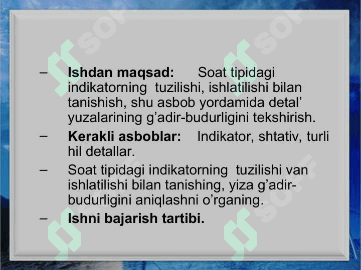 Detallarning yuza tekisligini soat tipidagi indikator yordamida aniqlash 2