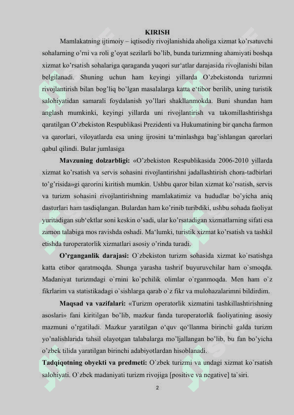 TURIZM SOHASIDA XIZMAT KO’RSATISH 2