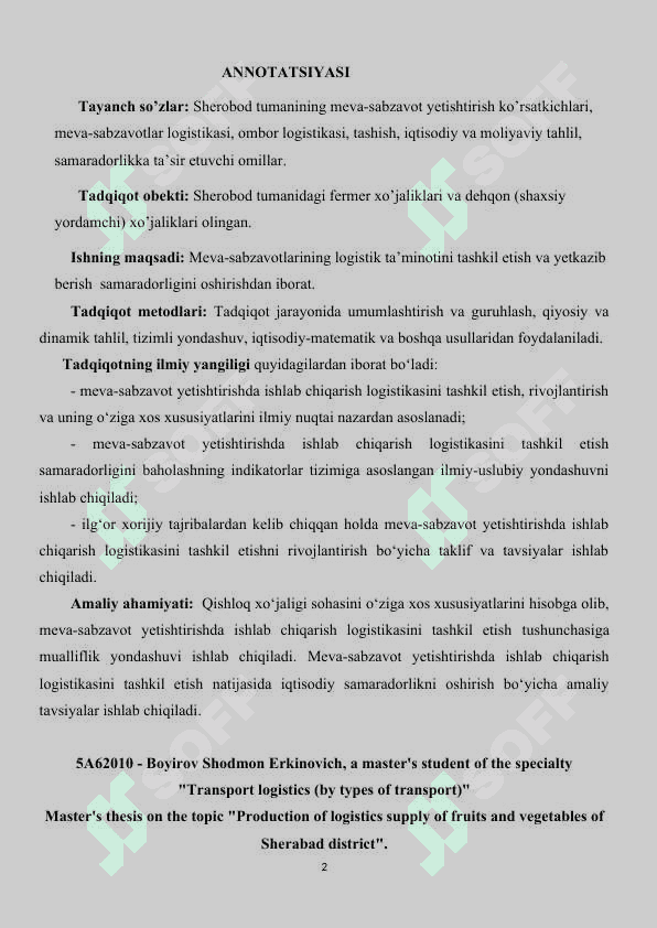 SHEROBOD TUMANI MEVA-SABZAVOTLARINING  LOGISTIK TA’MINOTINI  ISHLAB CHIQARISH 2