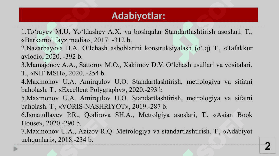 O’ZBEKISTON RESPUBLIKASI O’LCHASHLAR BIR XILLIGINI TA’MINLASH DAVLAT TIZIMI. METROLOGIYA BO’YICHA ASOSIY ATAMALAR VA TA’RIFLAR. 2