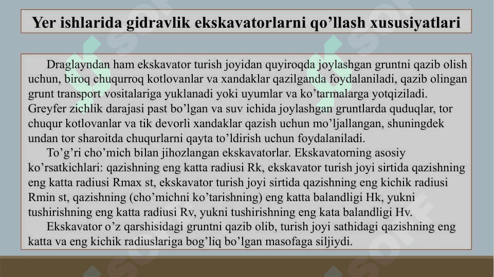 Bir cho’michli gidravlik ekskavatorlarni qo’llab yer ishlarini mexanizatsiyalash xususiyatlari 4