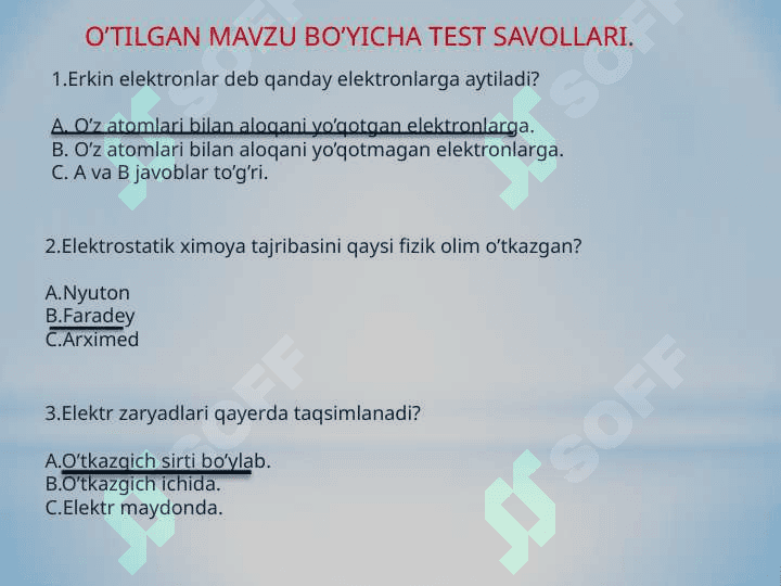 ELEKTR SIG’IMI. KONDENSATORLAR. KONDENSATORLARNI ULASH 2