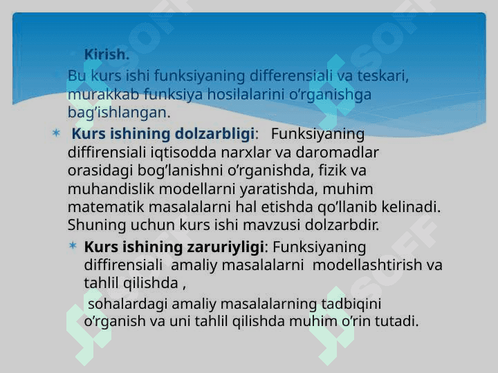 FUNKSIYANING DIFFERENSIAL TUSHUNCHASI. MURAKKAB VA TESKARI FUNKSIYA HOSILASI 2