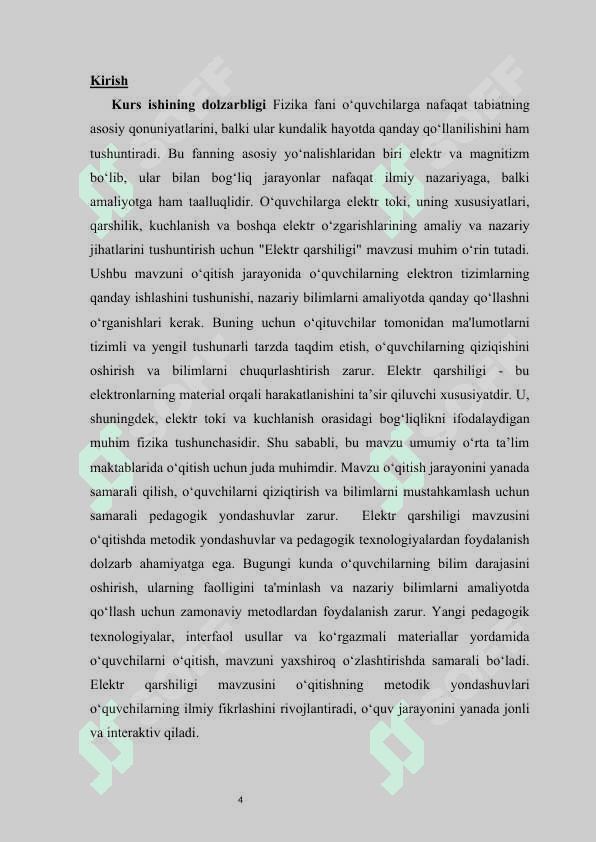 Elektr qarshiligi” mavzusini o‘qitish metodikasi (umumiy o‘rta ta’lim maktablari misolida) kurs ishi 4
