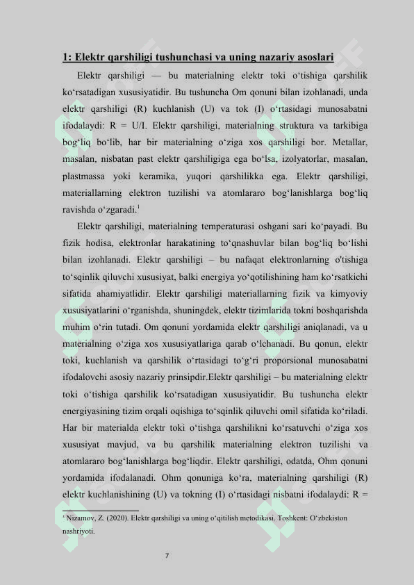 Elektr qarshiligi” mavzusini o‘qitish metodikasi (umumiy o‘rta ta’lim maktablari misolida) kurs ishi 7