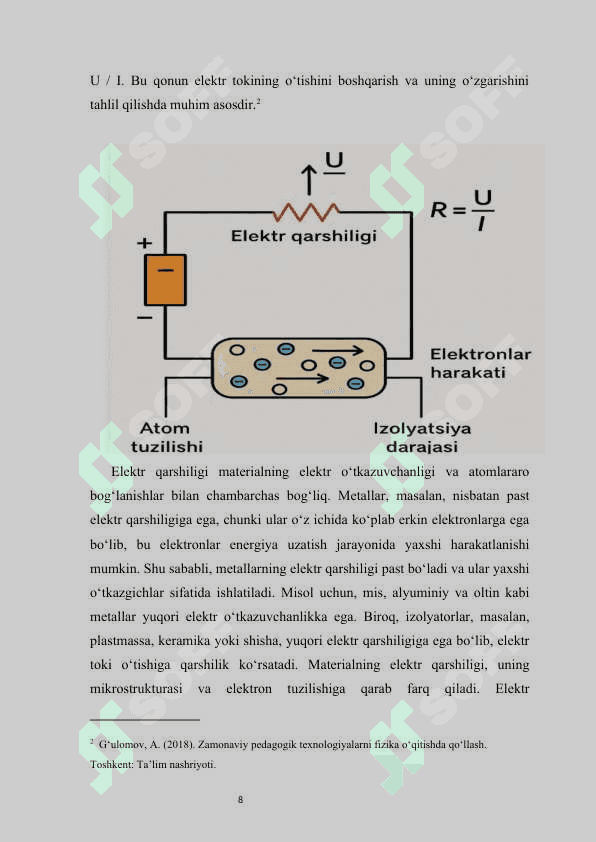 Elektr qarshiligi” mavzusini o‘qitish metodikasi (umumiy o‘rta ta’lim maktablari misolida) kurs ishi 8