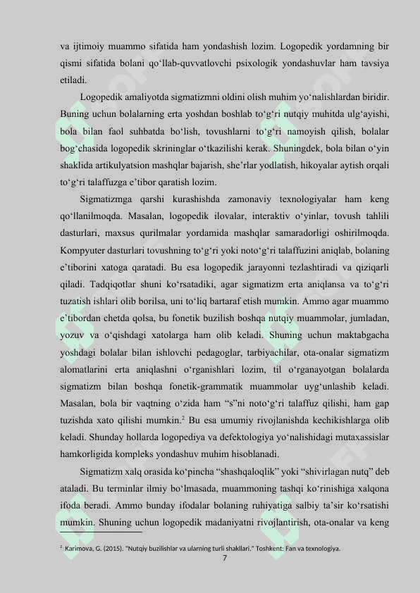 Sigmatizm nutq kamchiligida logopedik yordam ko’rsatishni rivojlantirish 7