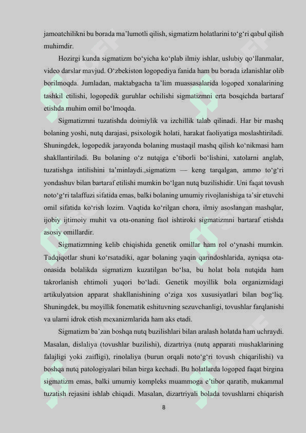 Sigmatizm nutq kamchiligida logopedik yordam ko’rsatishni rivojlantirish 8