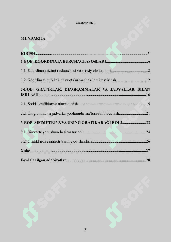 MAVZU: KOORDINATA BURCHAGI. SODDA GRAFIKLAR, DIAGRAMMALAR, JADVALLAR. SIMMETRIYA. Kurs ishi 2