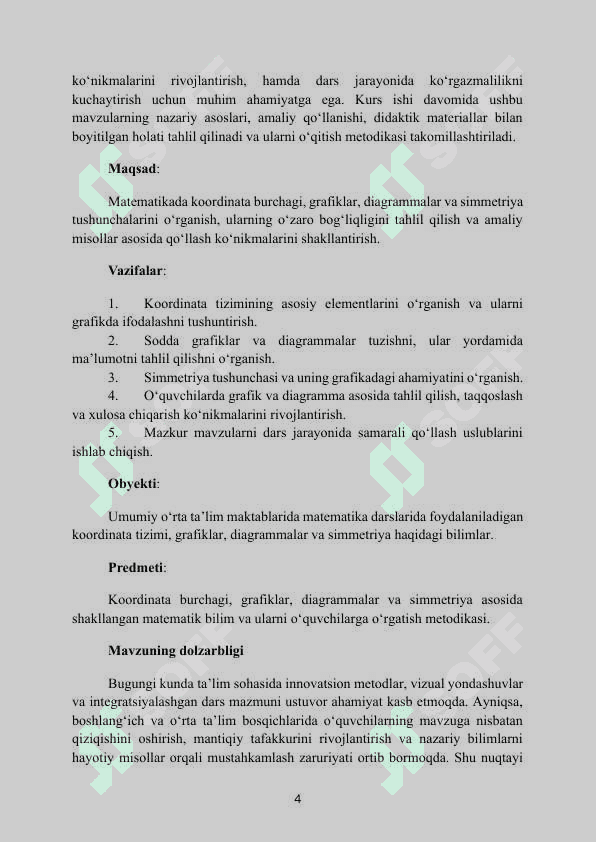 MAVZU: KOORDINATA BURCHAGI. SODDA GRAFIKLAR, DIAGRAMMALAR, JADVALLAR. SIMMETRIYA. Kurs ishi 4