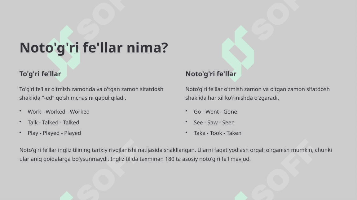 Noto'g'ri fe'llar jadvali Ingliz tilining asosiy qoidalari 3