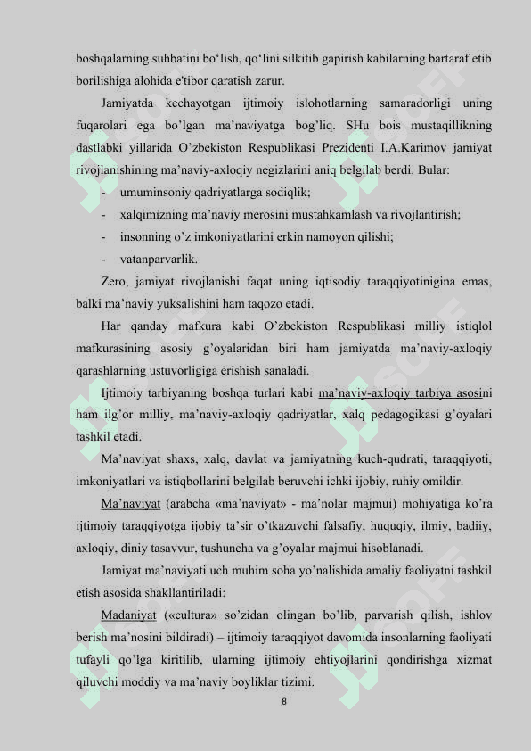 O'QUVCHILARNING MA'NAVIY AXLOQIY TARBIYALASH  SINF RAHBARINING O'RNI 8
