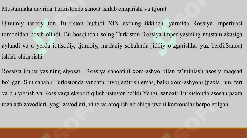 MUSTAMLAKA DAVRIDA TURKISTONDA SANOAT ISHLAB CHIQARISHI VA TIJORAT 3