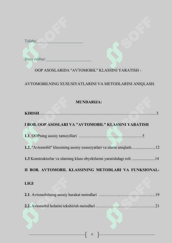OOP ASOSLARIDA "AVTOMOBIL" KLASSINI YARATISH - AVTOMOBILNING XUSUSIYATLARINI VA METODLARINI ANIQLASH. 2