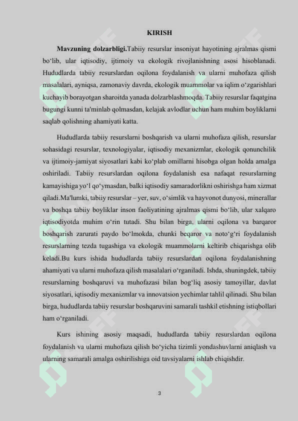 HUDUDLARDA TABIIY RESURSLARDAN OQILONA FOYDALANISH VA ULARNI MUHOFAZA QILISH MASALALARI. 3