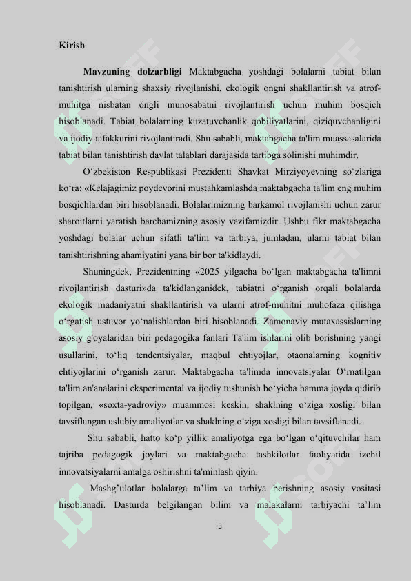 kurs ishi Maktabgacha yoshdagi bolalarni tabiat bilan tanishtirish bo‘yicha davlat talablari 3