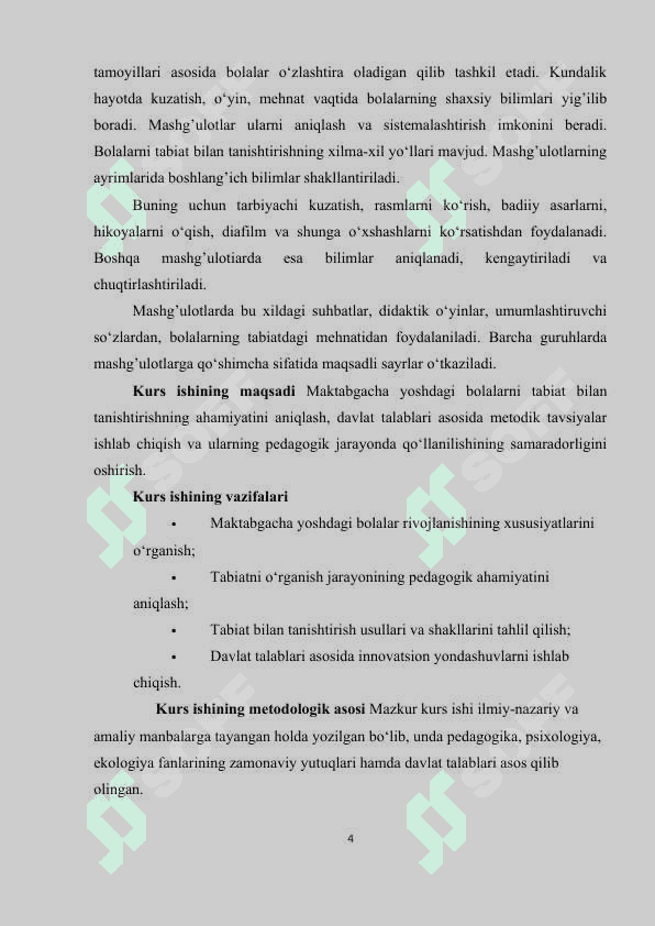 kurs ishi Maktabgacha yoshdagi bolalarni tabiat bilan tanishtirish bo‘yicha davlat talablari 4