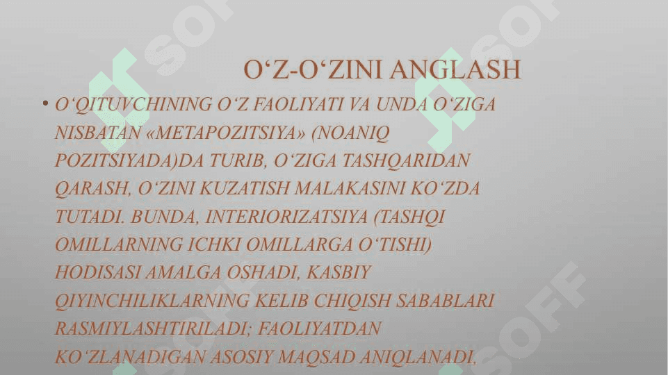 O‘Z-O‘ZINI TARBIYALASH VA O‘Z USTIDA ISHLASH. PEDAGOGIKA TAJRIBANI TO‘PLASH TIZIM 8