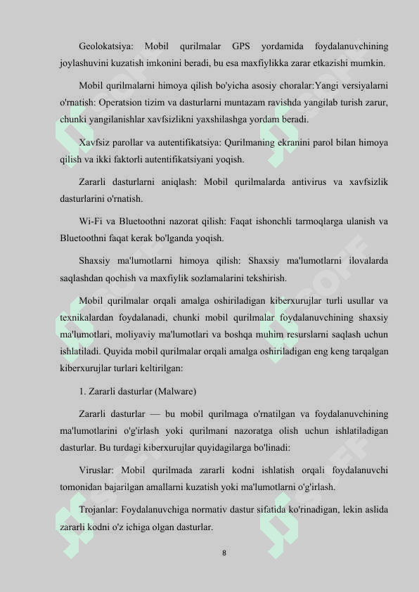 MOBIL QURILMALAR ORQALI AMALGA OSHIRILADIGAN KIBERXURUJLAR VA ULARNING OLDINI OLISH CHORALARI 8