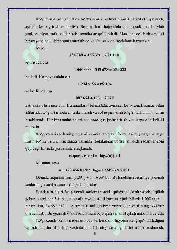 Ko'p xonali sonlar ichida arifmetik amallar bajarish metodlardan foydalanish 6