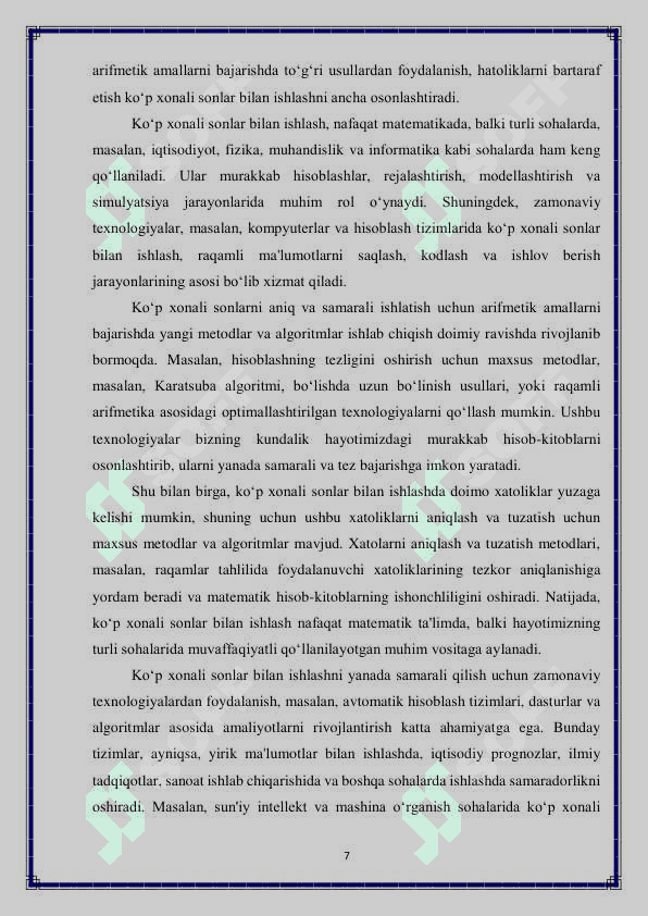 Ko'p xonali sonlar ichida arifmetik amallar bajarish metodlardan foydalanish 7