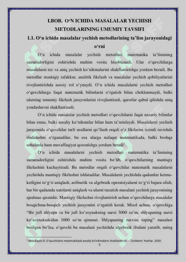 O'n ichida masalalar yechish metodlardan foydalanish 5