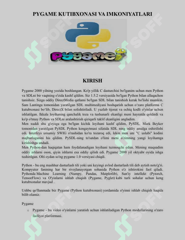 PYGAME KUTIBXONASI IMKONIYATLARI DASTURLASH TILLARI KURS ISHI 2