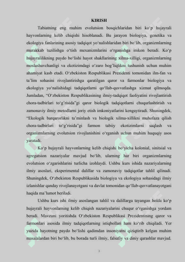 KO‘P HUJAYRALI HAYVONLARNING  KELIB CHIQISH NAZARIYALARI KURS ISHI 3