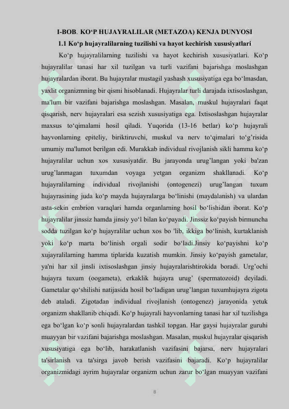 KO‘P HUJAYRALI HAYVONLARNING  KELIB CHIQISH NAZARIYALARI KURS ISHI 8