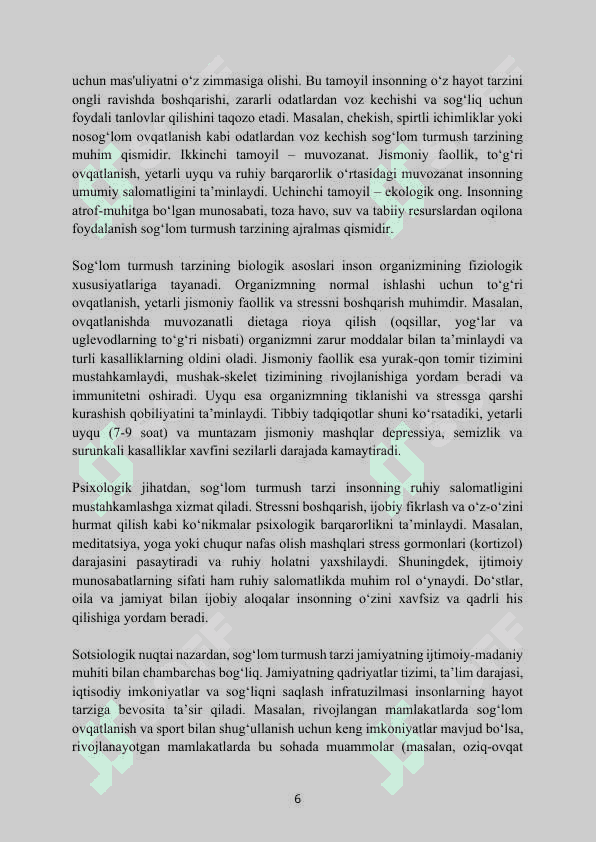 Mavzun: Boshlang’ich sinflarda sog’lom turmush tarzini tarbiyalash metodikasi.kurs ishi yozma uchun malumot 6