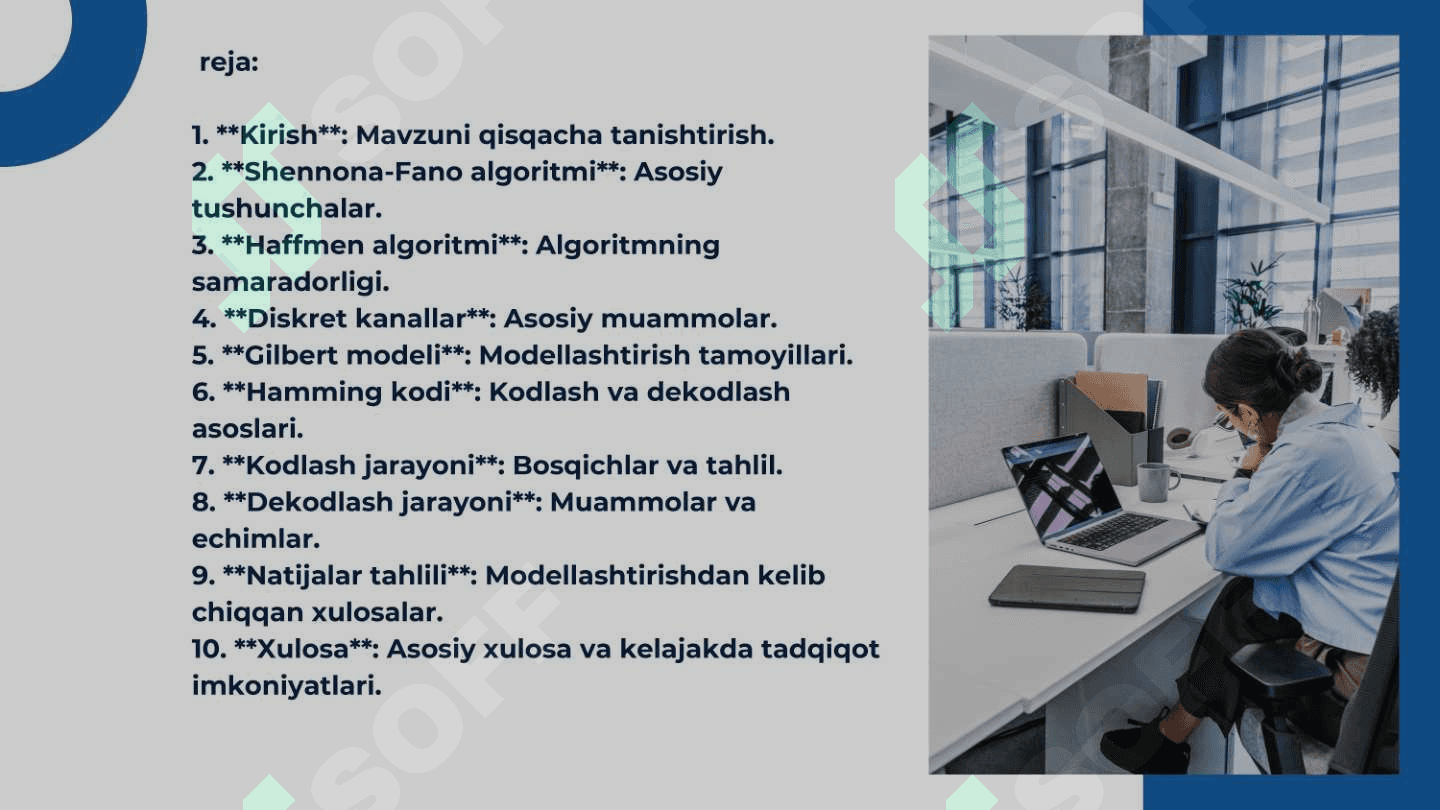 Axborotni kodlashtirishning samarali usullarini tadqiq qilish (shennona-fano va xaffmen algoritmlari) Diskret kanallar holatini gilbert modeli asosida modellashtirish Xemming kodini kodlash va dekodlash jarayonini modellashtirish va natijalarini tahlil qilish 2