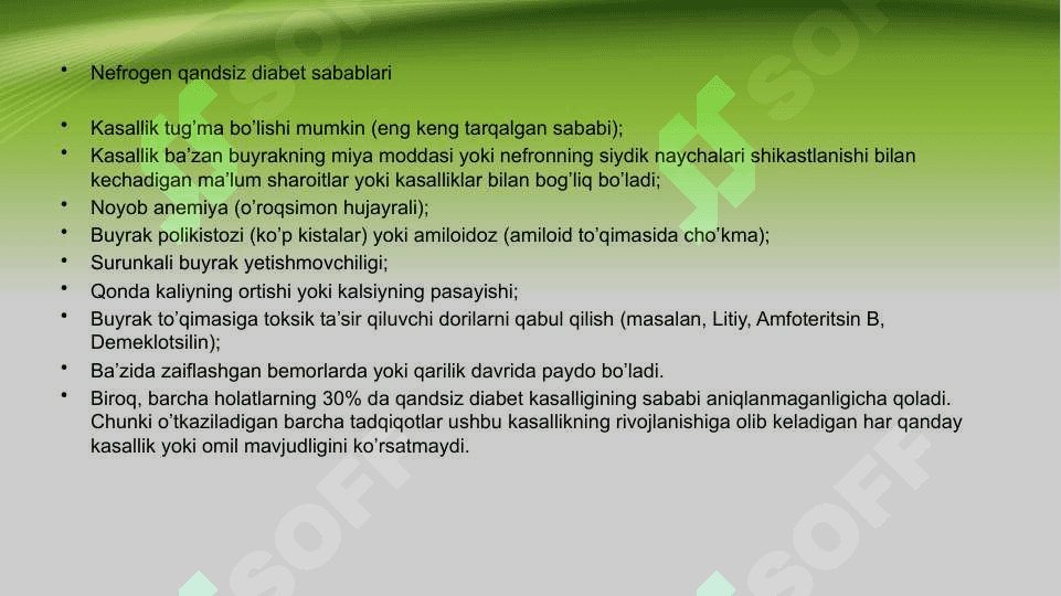 QANDSIZ DIABET KASALLIGI HAQIDA UMUMIY MA’LUMOT. TASNIFI ,ETIOLOGIYASI, PATOGENEZI ,DAVOLASH 7