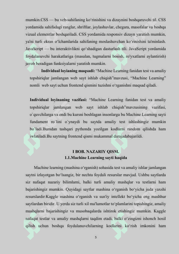 Machine Learning fanidan test va amaliy topshiriqlar jamlangan web sayt ishlab chiqish 5
