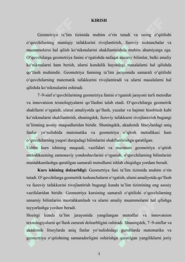 7–9 SINFLARDA GEOMETRIYA O‘QITISHNING MAQSADI, VAZIFALARI VA MAZMUNI 3
